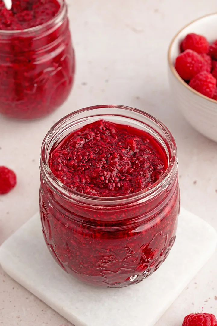photo of keto jam (raspberry jam) in a jam jar 