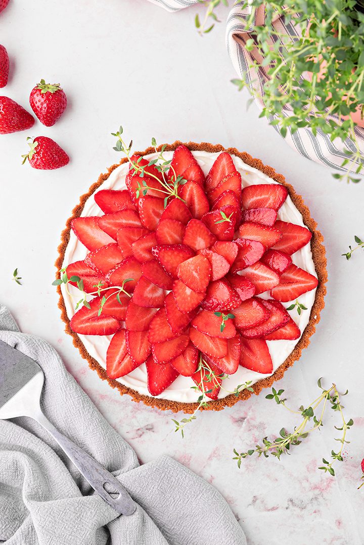 overhead photo of a no bake strawberry lemon tart