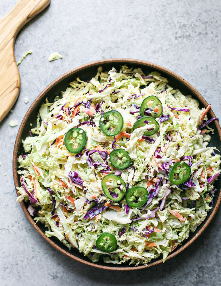 bowl of jalapeño coleslaw ready to serve