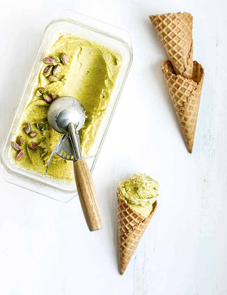 pistachio gelato in an ice cream cone