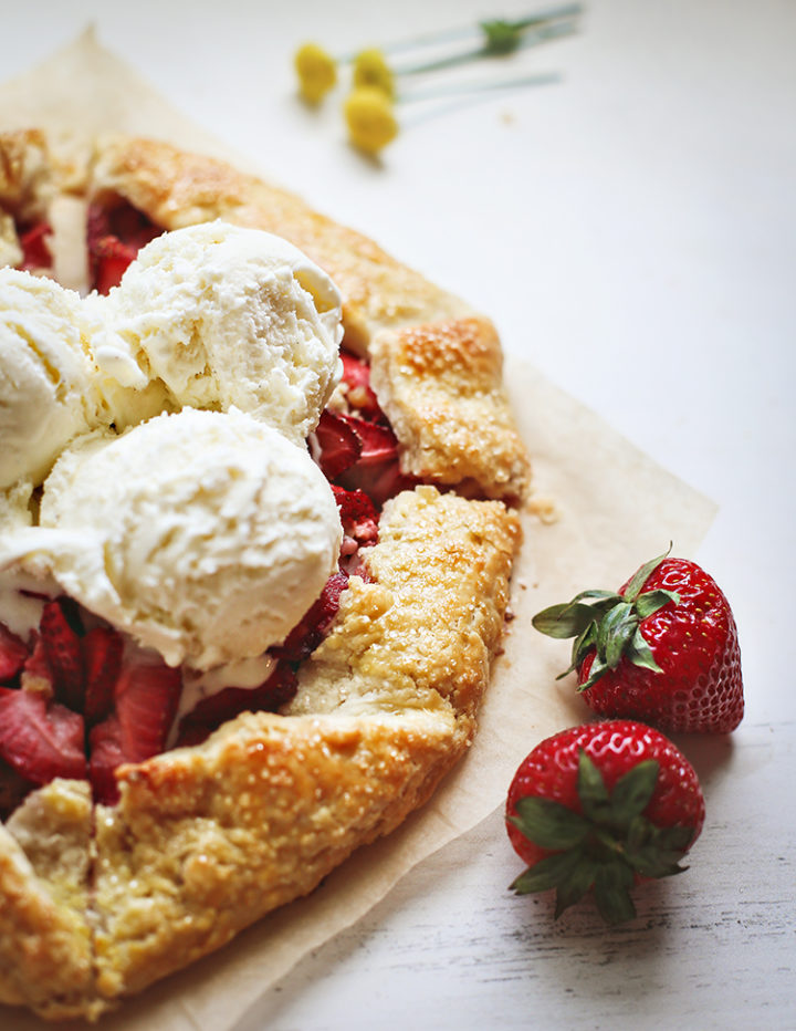 photo of a strawberry galette with vanilla ice cream on top