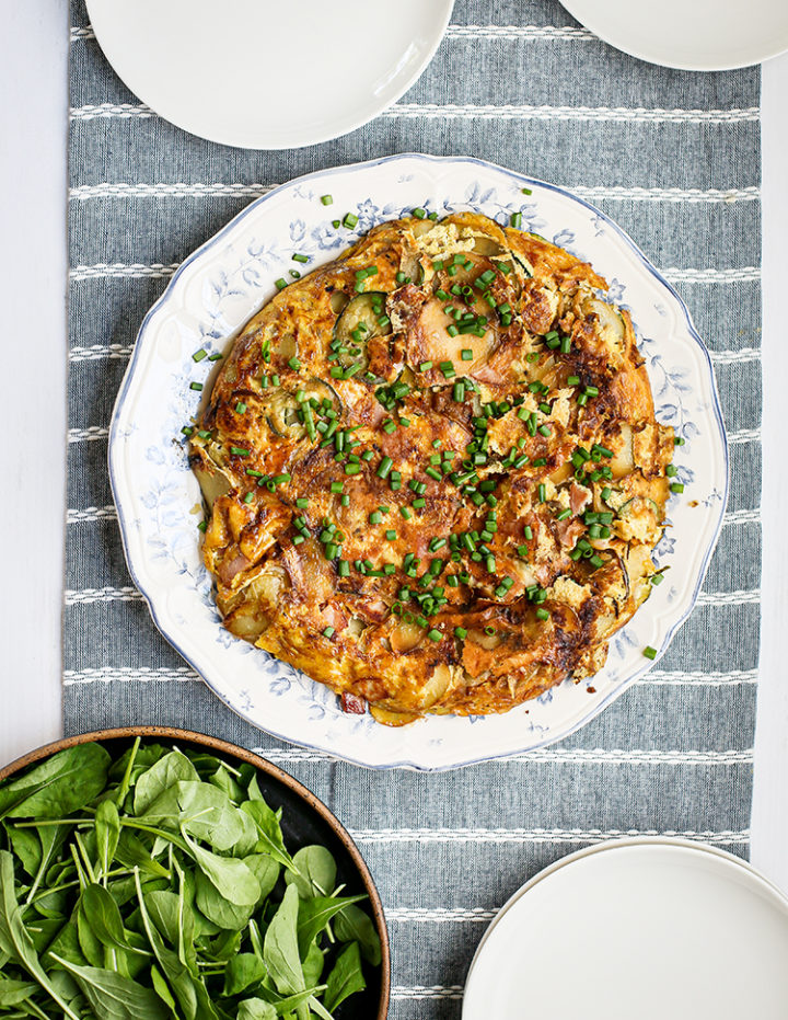 photo of a zucchini frittata on a plate set on a table