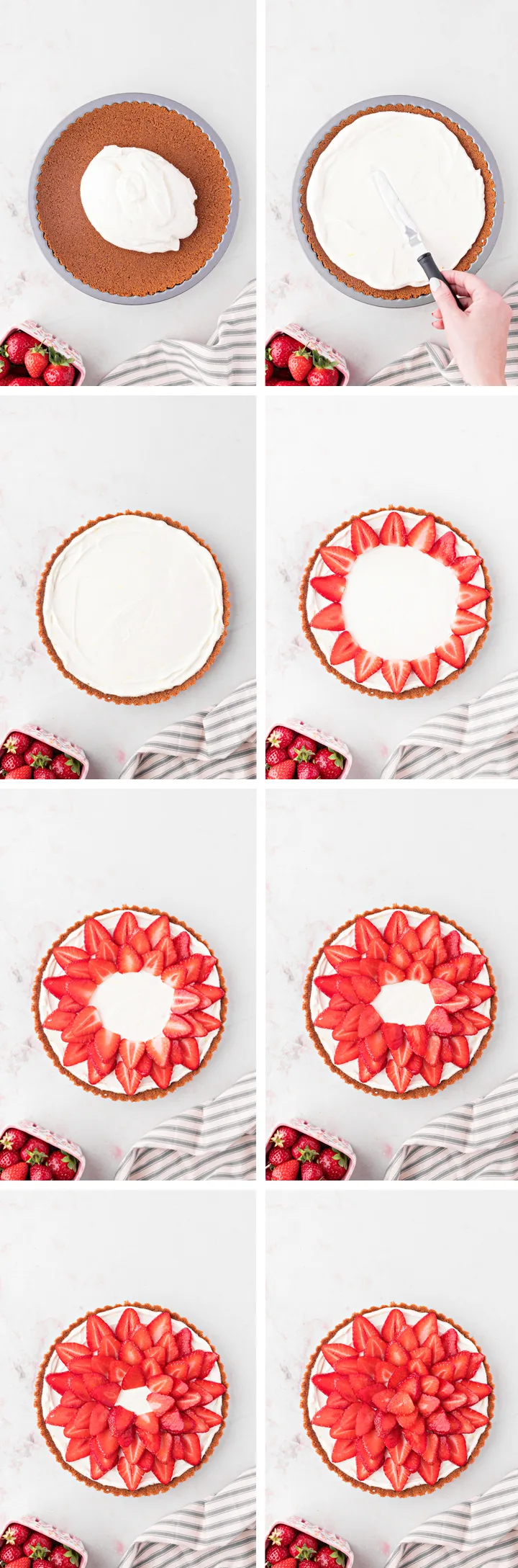step by step photos showing how to decorate a no-bake strawberry lemon tart with sliced strawberries