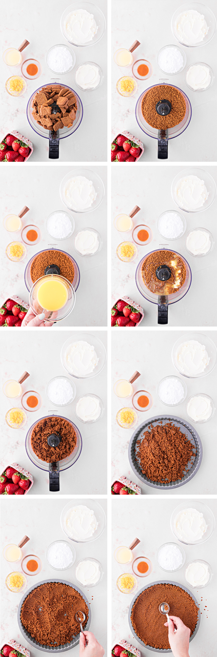 step by step photos of how to make the crust for a no-bake strawberry lemon tart