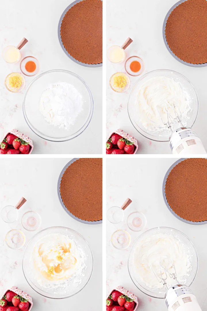 step by step photos of how to make the filling for a no-bake strawberry lemon tart
