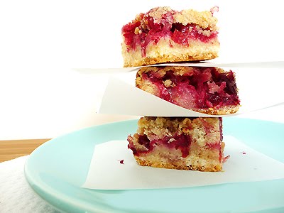 photo of a stack of cranberry crumb bars cut into squares