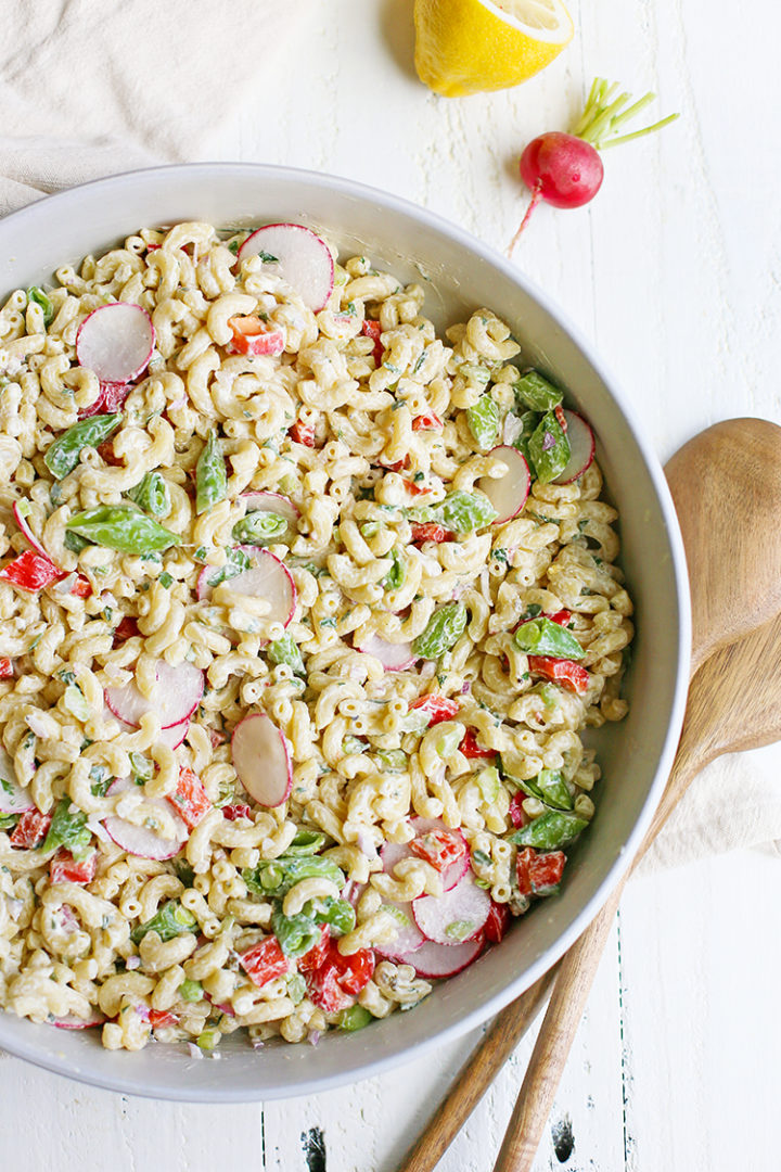 overhead photo of a recipe for macaroni salad in a bowl