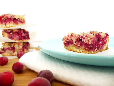 photo of a cranberry crumb bar on a plate surrounded by fresh cranberries
