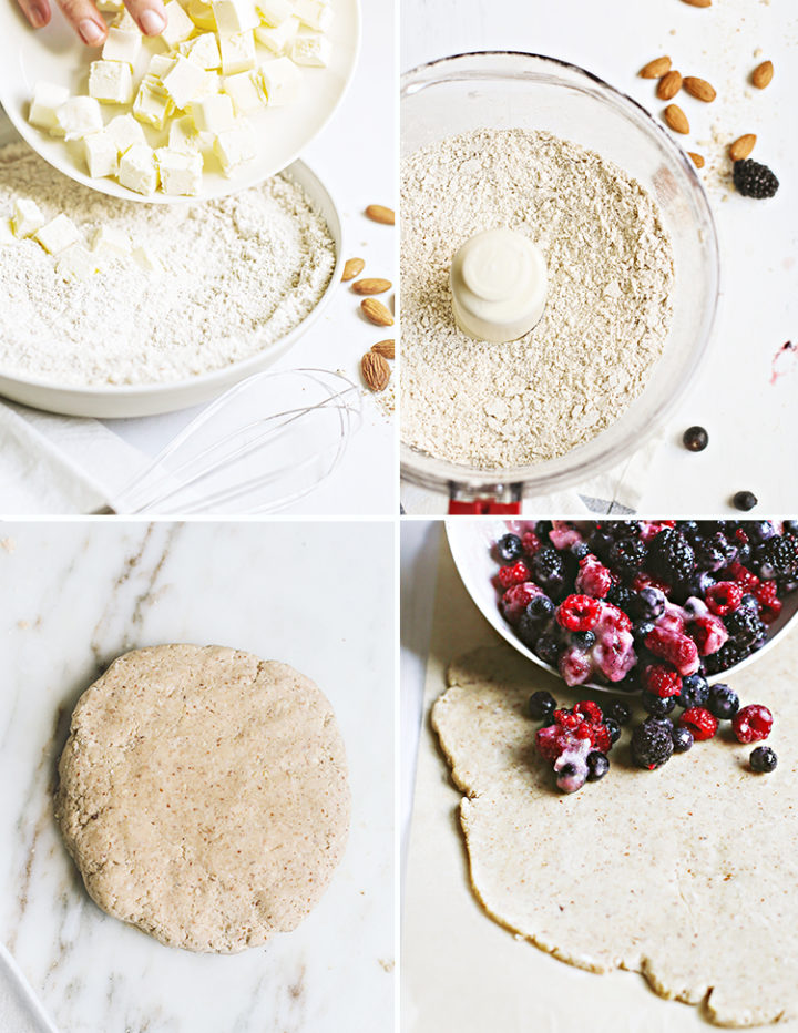 step by step photos demonstrating preparing the mixed berry galette crust