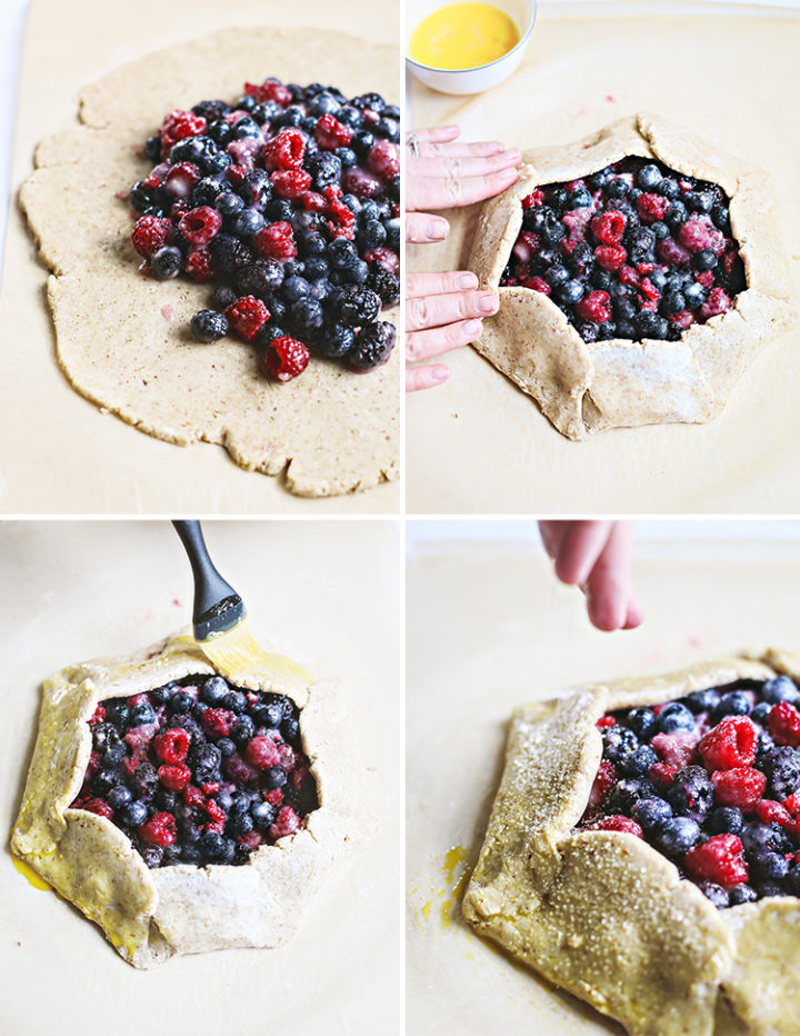 step by step photos demonstrating assembling the mixed berry galette