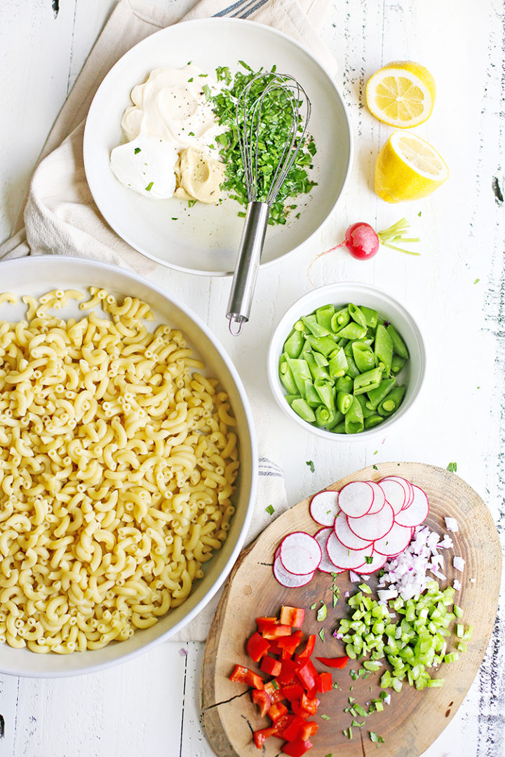 overhead photo of ingredients in macaroni salad