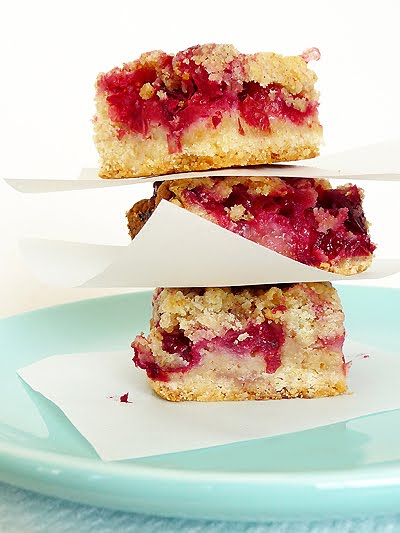photo of 3 cranberry crumb bars stacked on a plate
