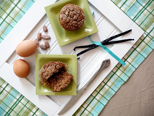 overhead photos of pear muffins on small plates set on a tray