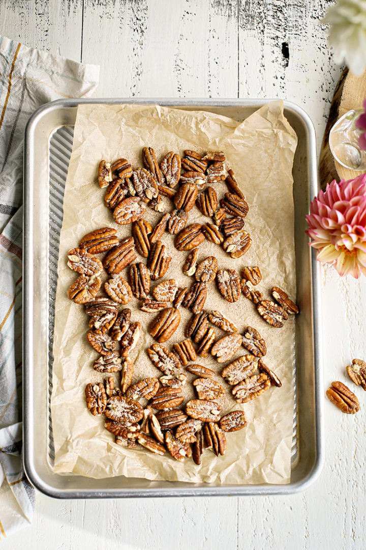 photo of pecans on a baking sheet for pecan waffles