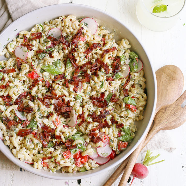 macaroni salad in a white bowl