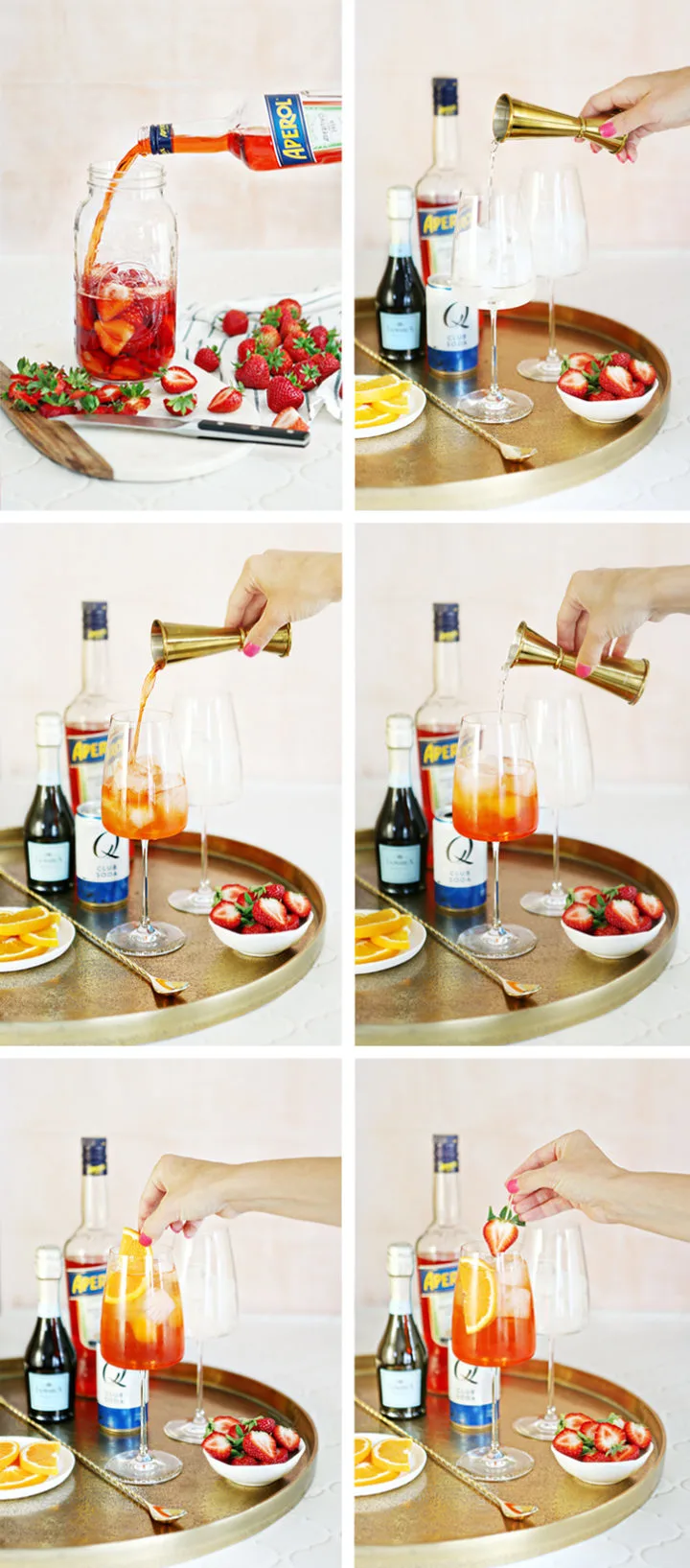 step by step photos showing how to make a strawberry aperol spritz