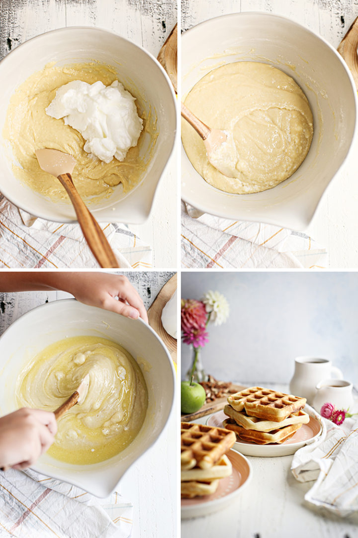 step by step photos of how to make waffle batter for pecan waffles