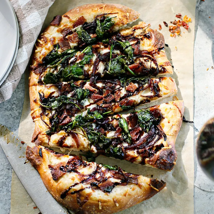 Caramelized Onion, Spinach and Bacon Pizza