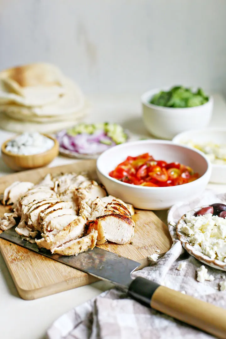 photo of preparing ingredients to make a recipe for greek chicken pitas