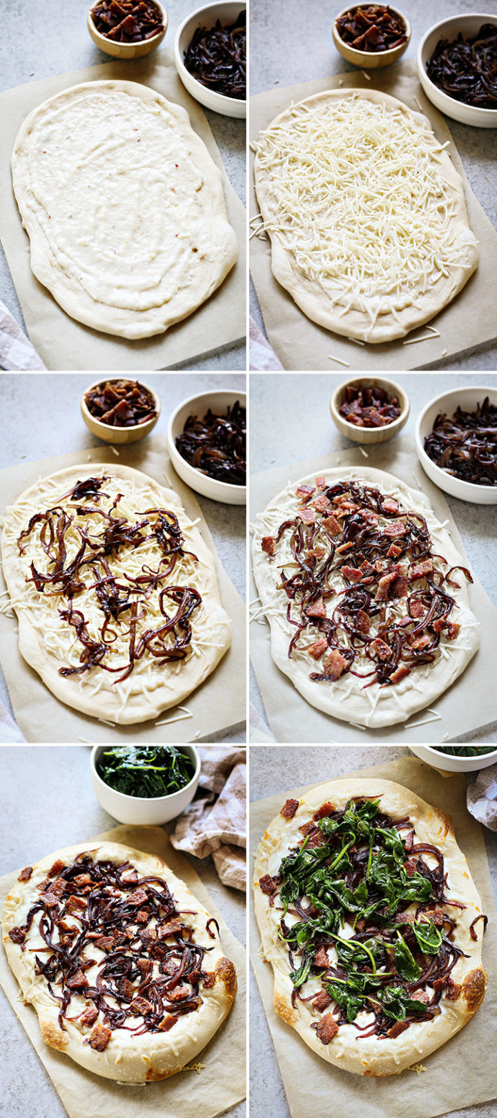 step by step photos showing how to make Bacon Pizza with Caramelized Onion