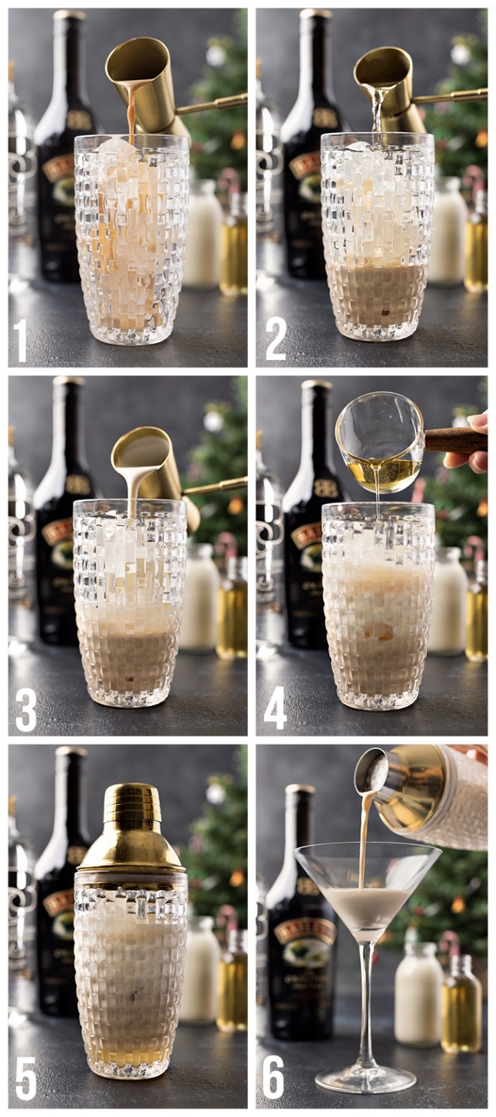 step by step photos showing how to make a gingerbread martini christmas cocktail