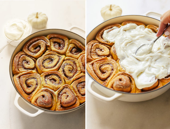 step by step photos showing how to frost baked pumpkin cinnamon rolls