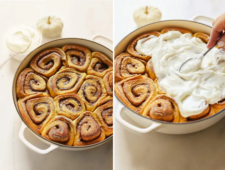 step by step photos showing how to frost baked pumpkin cinnamon rolls