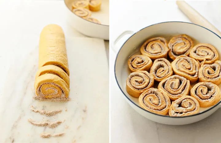 step by step photos showing how to cut pumpkin cinnamon rolls before adding to a baking pan