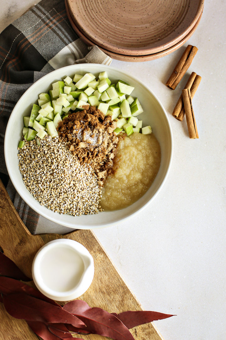 overhead photo showing one of the steps to make apple overnight oats