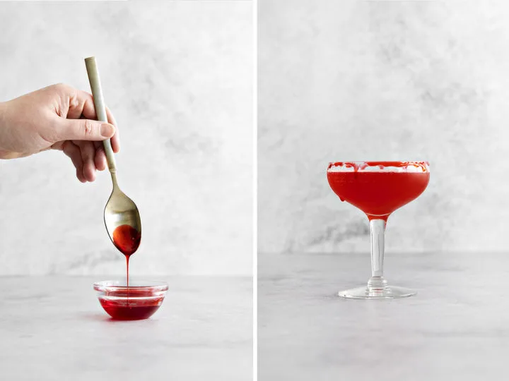 step by step photos showing how to make a "bloody" cocktail rim for a pomegranate cocktail for halloween