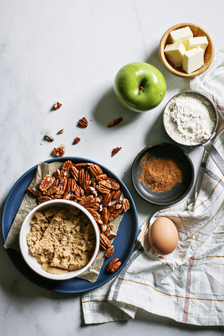 overhead photo of ingredients needed to make cinnamon pecan apple squares