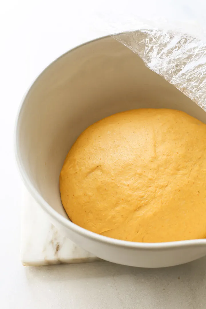 photo showing an example of pumpkin yeast dough that has doubled in bulk after rising