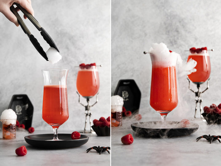 photos showing how to add dry ice to a halloween gin cocktail