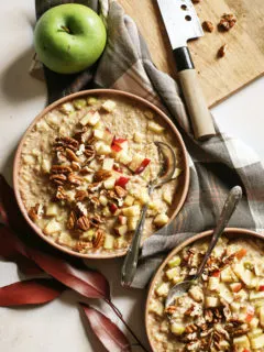 overhead photo of two bowls of overnight apple oats