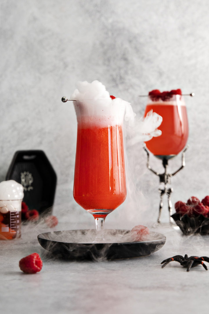 photo of a gin spritz in a tall glass with raspberry garnish