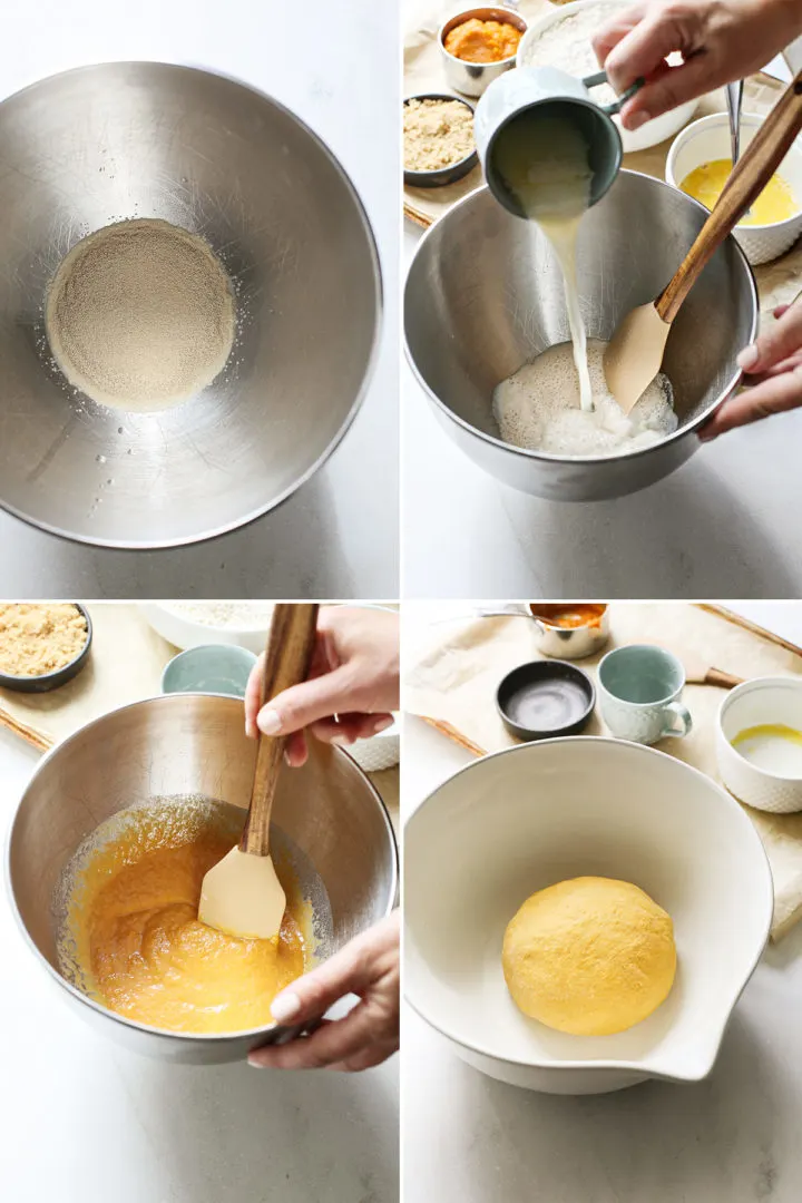 step by step images showing how to make pumpkin yeast dough for this pumpkin cinnamon roll recipe