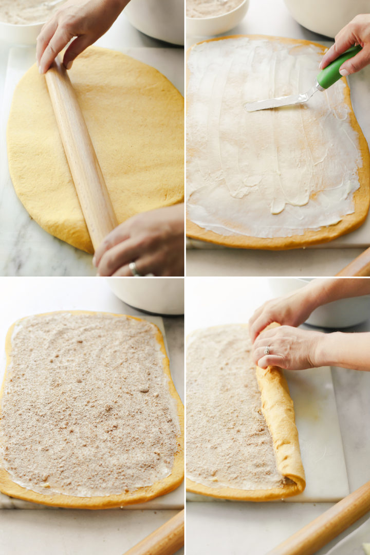 step by step photos showing how to add butter and cinnamon sugar filling to pumpkin cinnamon roll dough before rolling the dough into a log