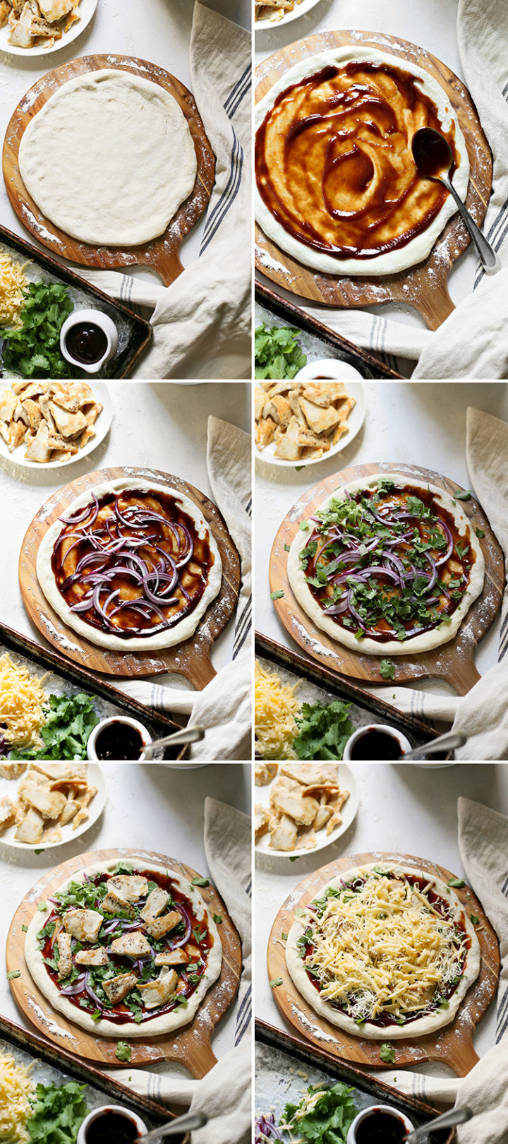 step by step photos of the recipe steps - how to make bbq chicken pizza