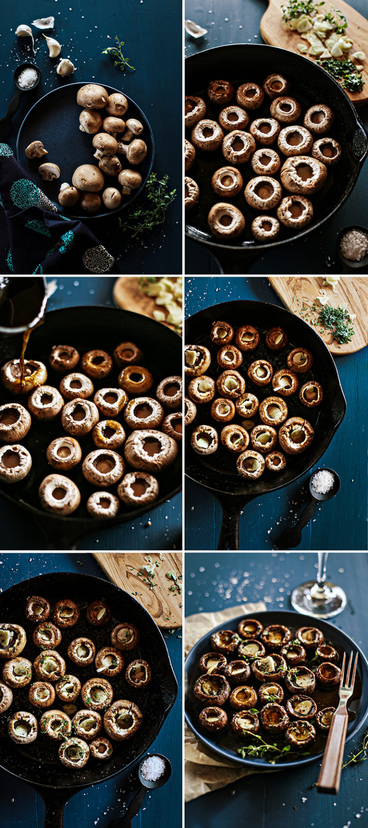 step by step photos showing how to make an easy appetizer recipe for roasted portobello mushrooms with balsamic, garlic, and thyme