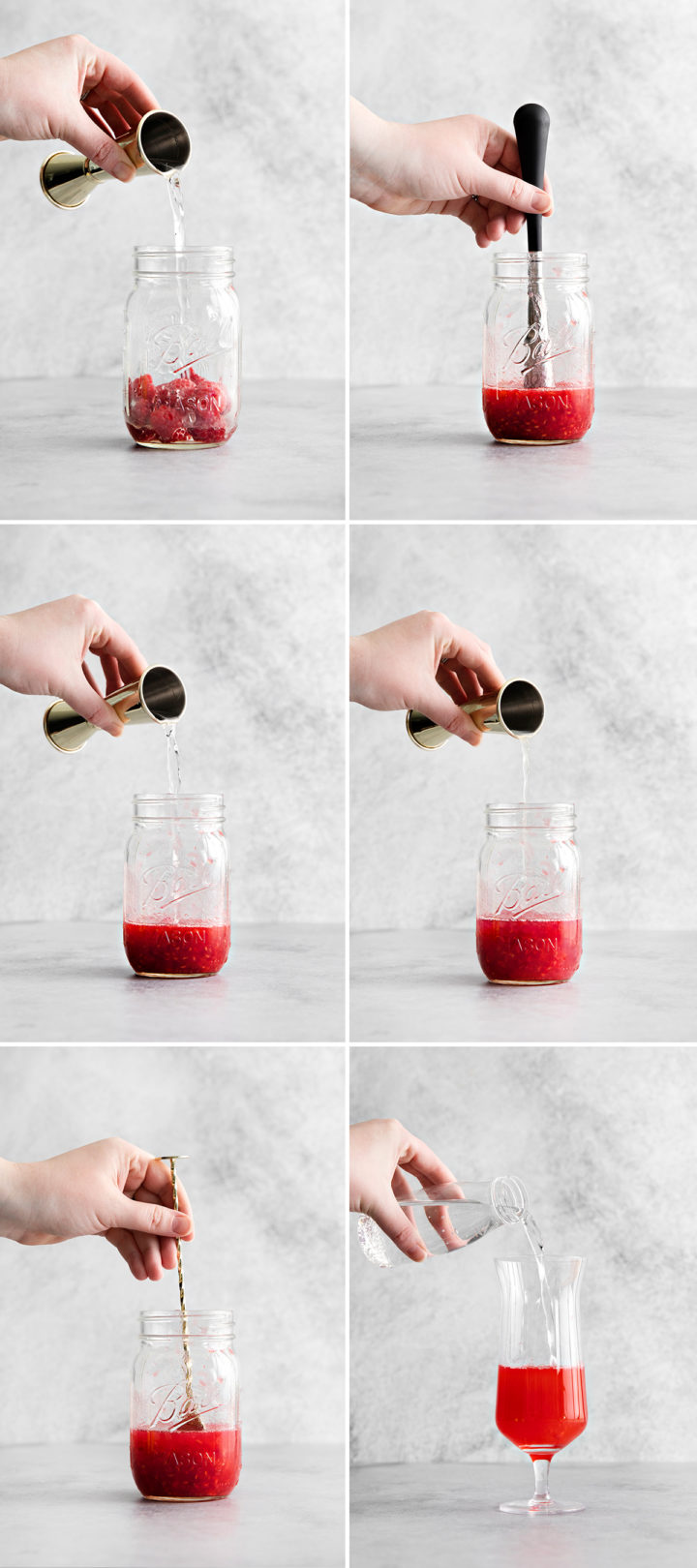 step by step photos showing how to make a gin spritz with raspberries