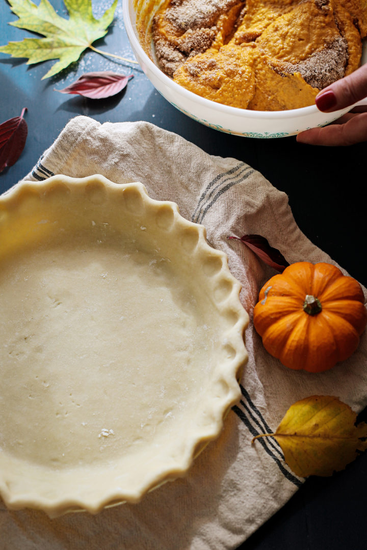 overhead photo of an all butter pie crust recipe in a pie pan