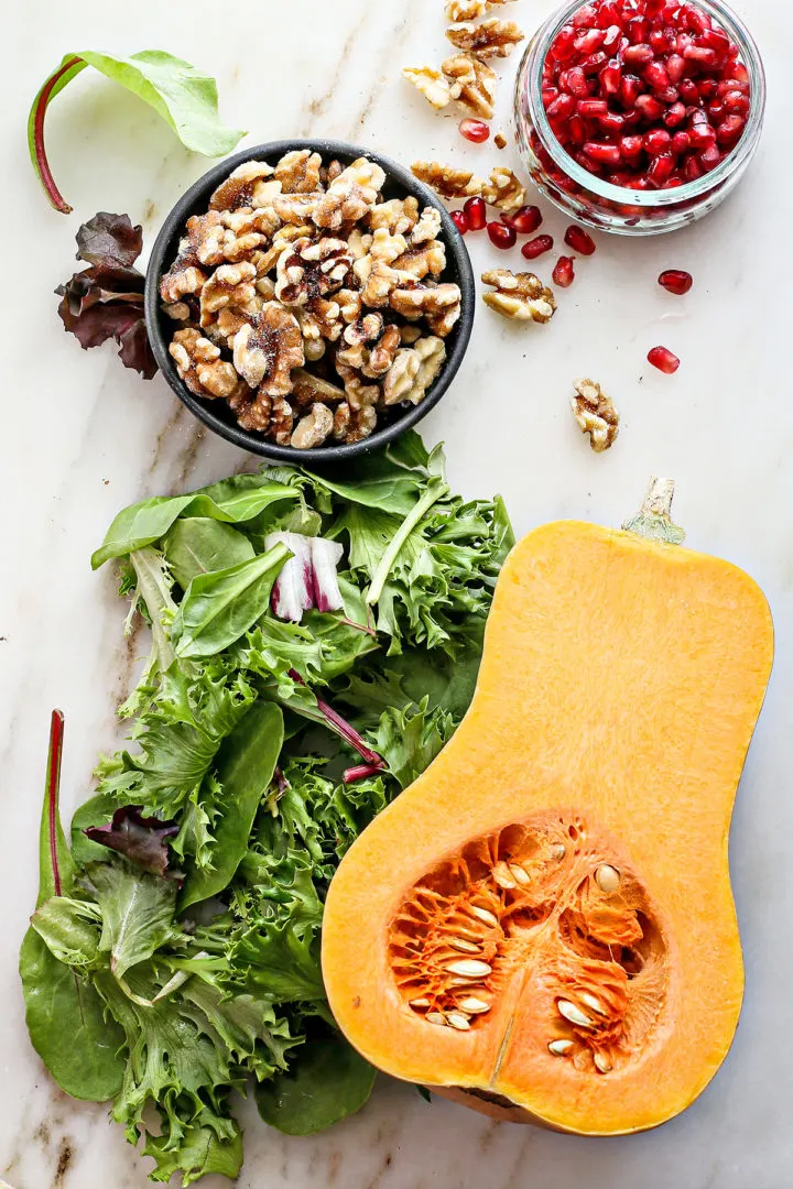 overhead photo of ingredients in this butternut squash salad