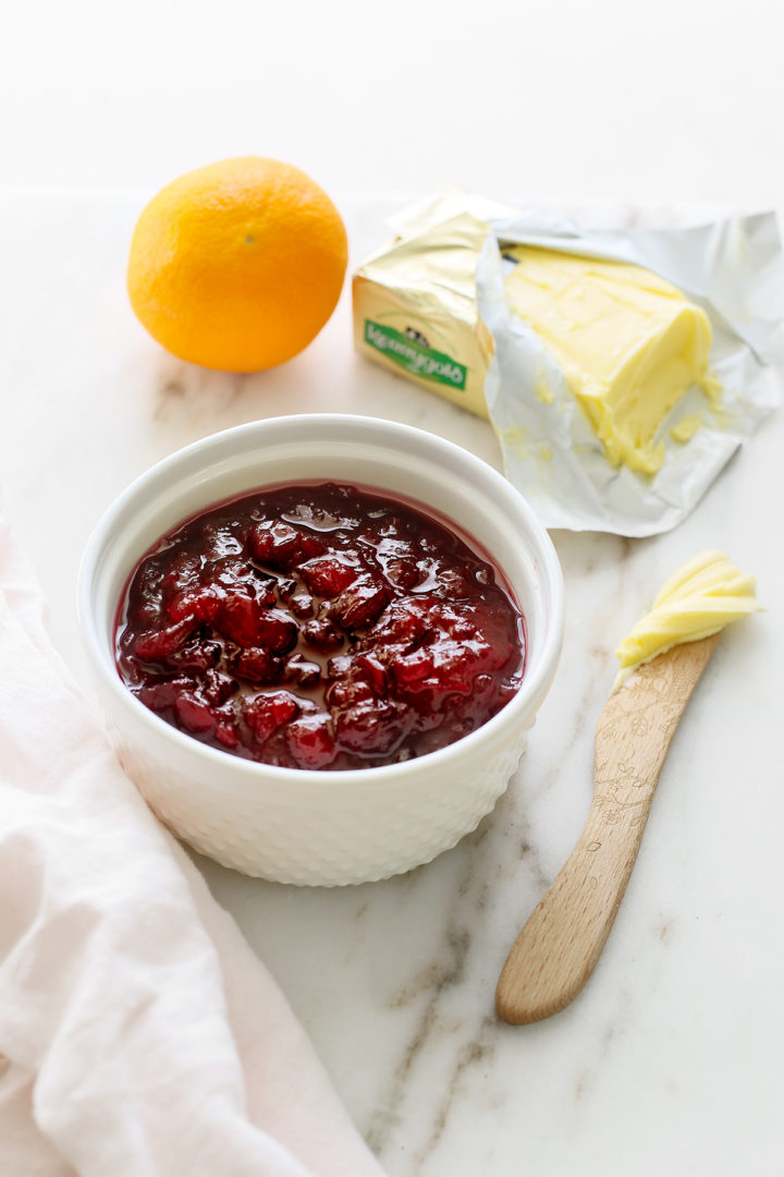 photo of cranberry sauce in a white bowl to make cranberry tarts
