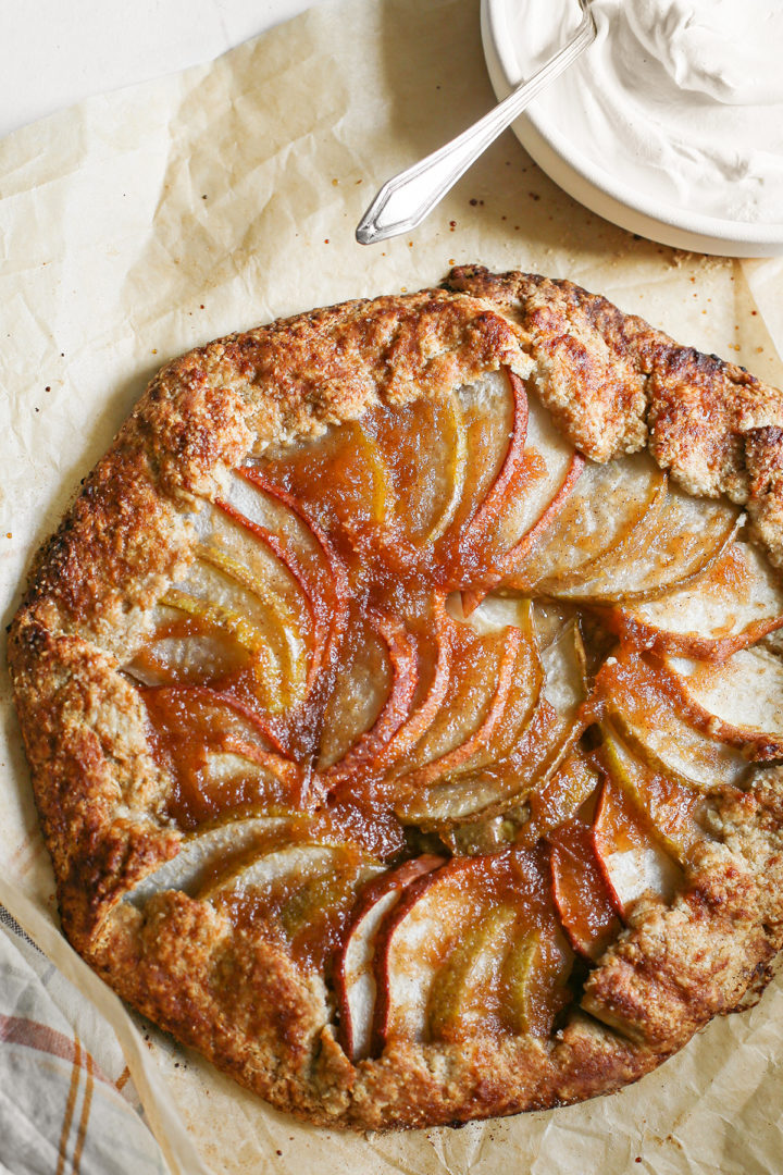 overhead photo of a pear galette after baking