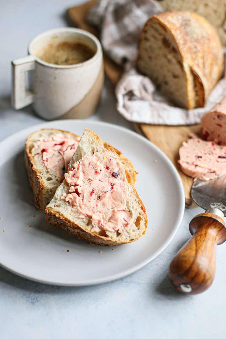 photo of cranberry butter spread on a slice of bread 