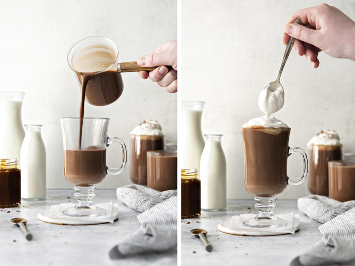 woman pouring salted caramel hot chocolate in a clear mug and then topping it with vanilla whipped cream