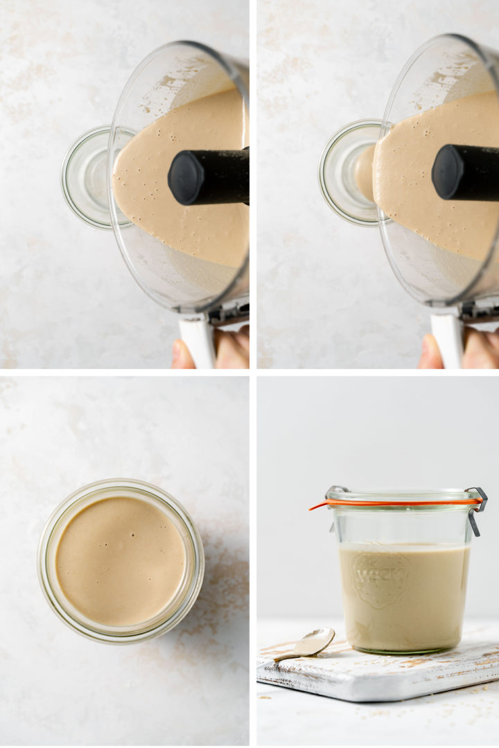 step by step photos showing how to store tahini after making this tahini recipe