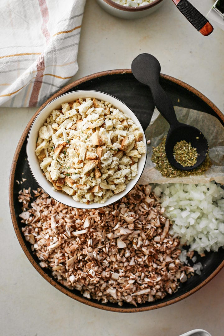 photo of stuffing, mushrooms, onion, and spices for a recipe for spinach balls