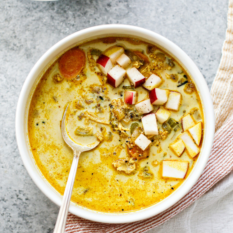 a bowl of turkey curry soup