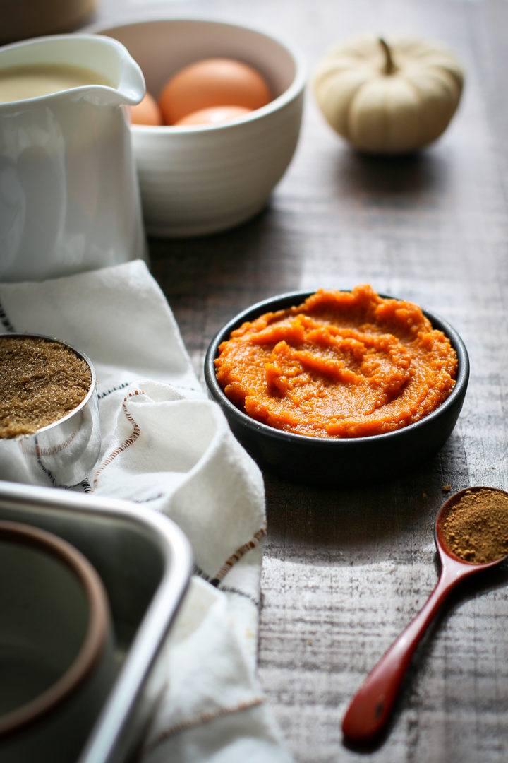 photo of pumpkin puree, brown sugar, eggs, and cinnamon for a pumpkin custard recipe